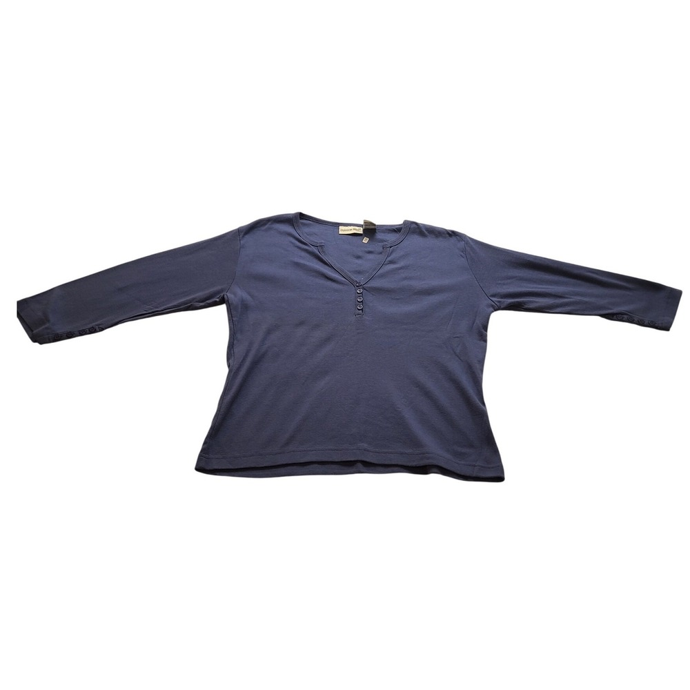 Fashion Bug Blue Henley Long Sleeve Top Small Ribbed Button Cuff Cotton Blend